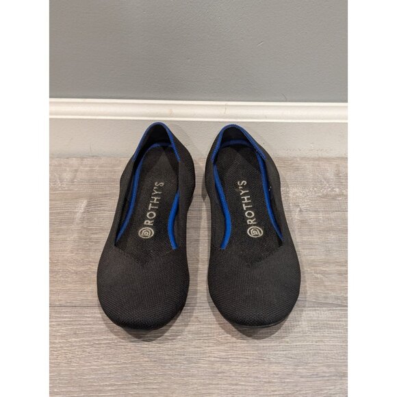 Rothys Womens Size 9 The Flat Black Blue Ballet Flats Round Toe Shoes Comfort - Picture 1 of 16